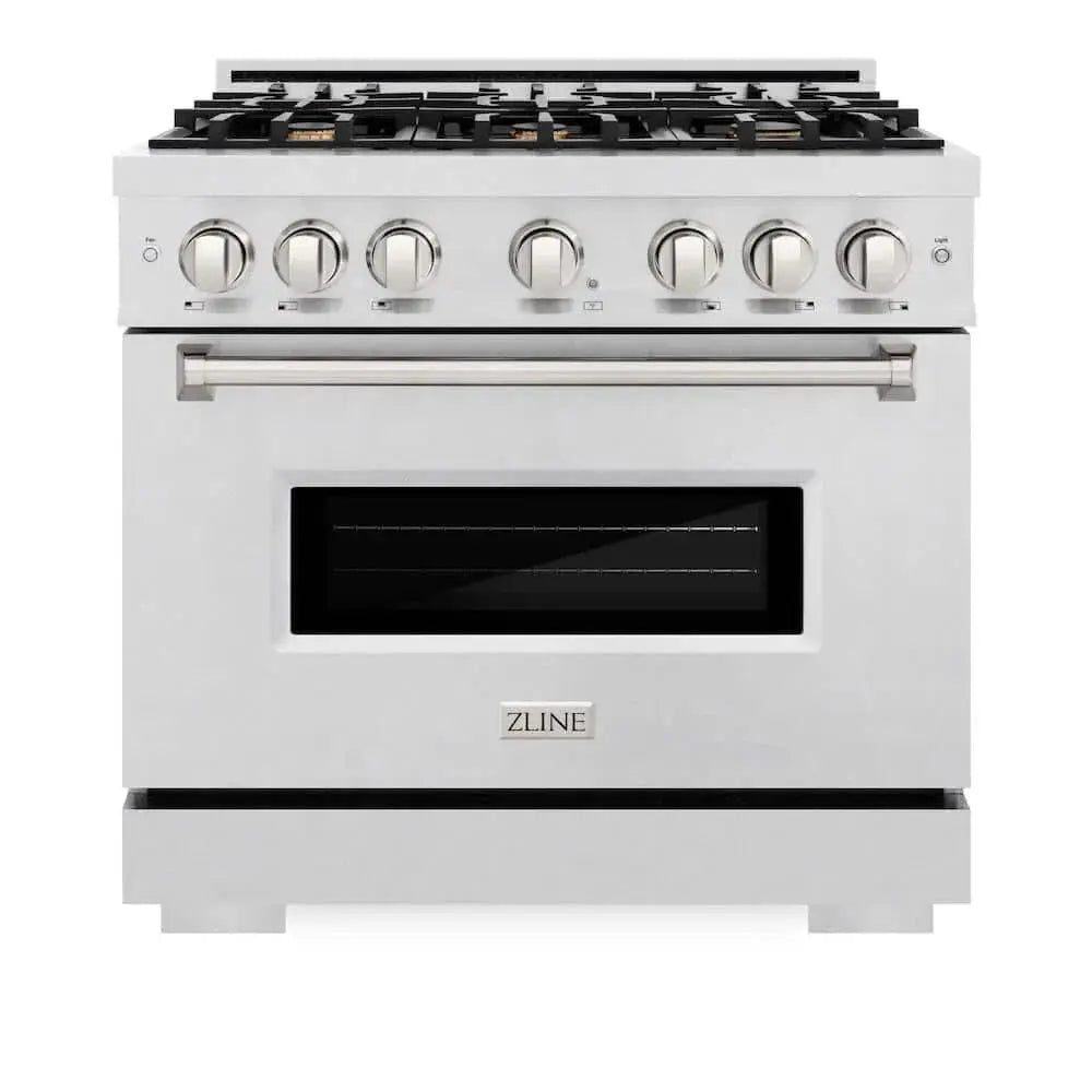 ZLINE 36" Dual Fuel Range, Gas Cooktop, Electric Convection Oven DuraSnow® Stainless Steel, Brass Burners CDRS-BR-36 by Farmhouse Kitchen and Bath