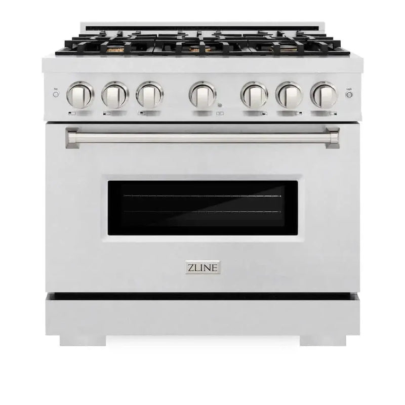 ZLINE 36" Dual Fuel Range, Gas Cooktop, Electric Convection Oven DuraSnow® Stainless Steel, Brass Burners CDRS-BR-36 by Farmhouse Kitchen and Bath