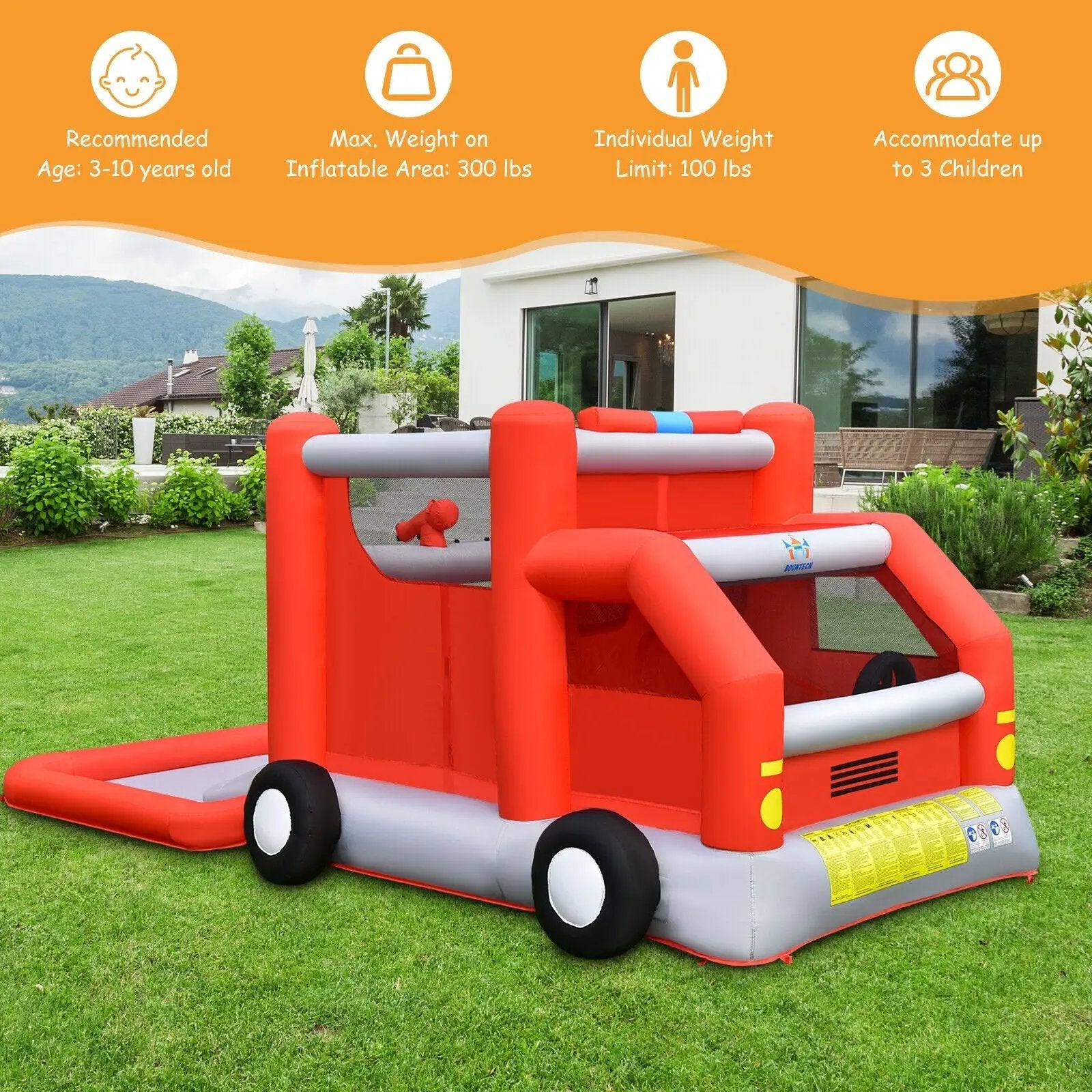 Fire Truck Themed Inflatable Castle Water Park Kids Bounce House without Blower by DirectDeals