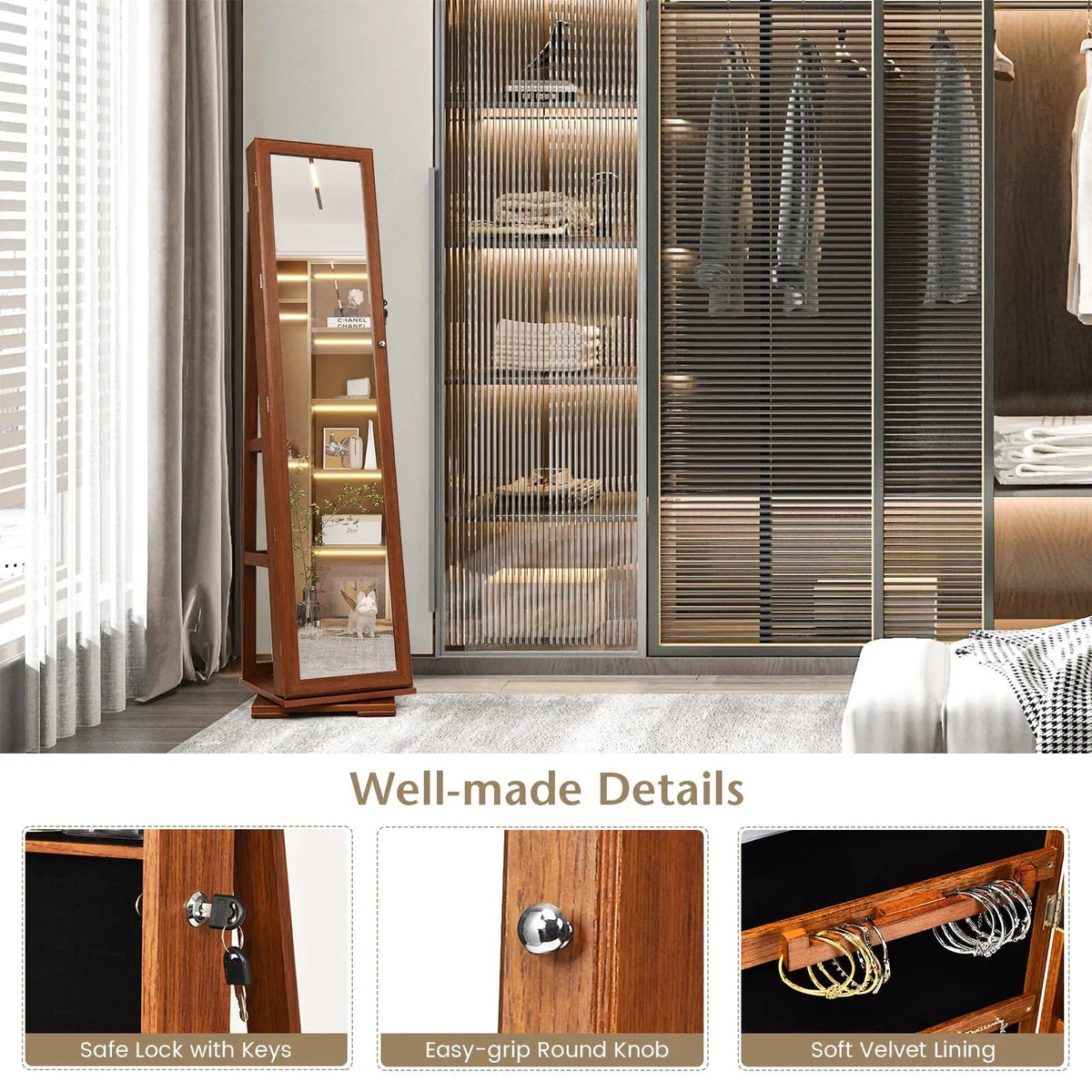 360° Rotatable 2-in-1 Lockable Jewelry Cabinet with Full-Length Mirror, photo 6 of 17