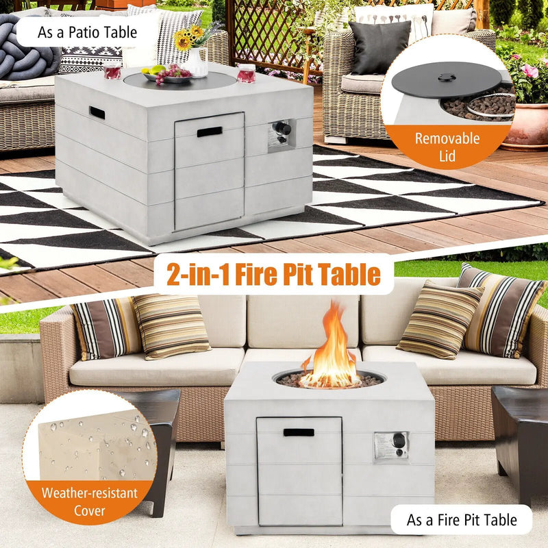 34 Inch Square Concrete Propane Fire Pit Table with Lava Rocks and Cover 50 000 BTU-Gray by DirectDeals