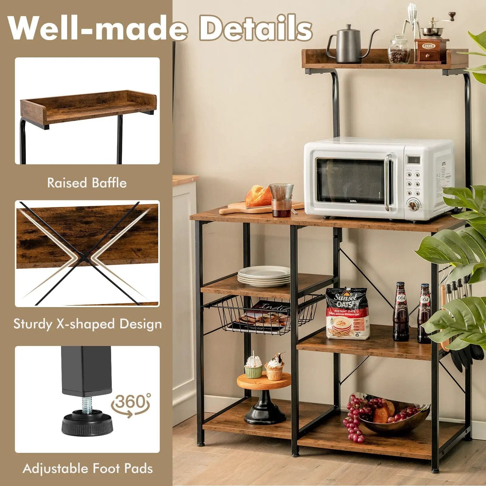 4 Tier Vintage Kitchen Baker's Rack Utility Microwave Stand-Coffee by DirectDeals