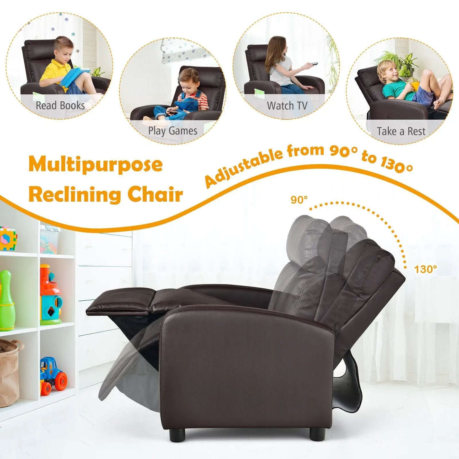 Ergonomic PU Leather Kids Recliner Lounge Sofa for 3-12 Age Group by DirectDeals