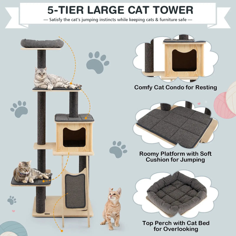 5-Tier Modern Wood Cat Tower with Washable Cushions-Gray by DirectDeals