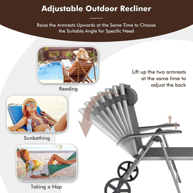 Adjustable Patio Folding Chaise Lounge Chair with Wheels by DirectDeals