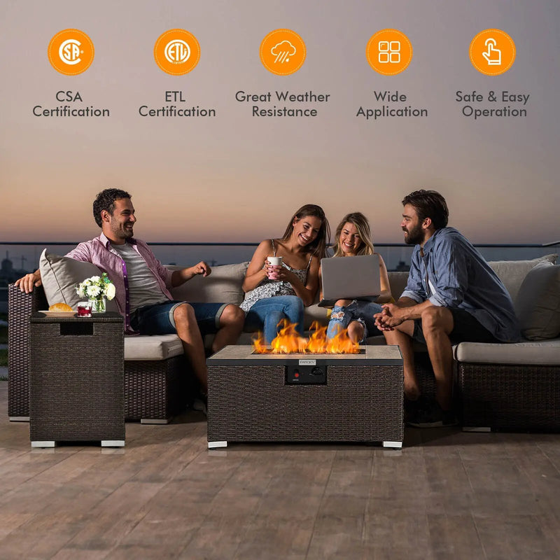 32 x 20 Inch Propane Rattan Fire Pit Table Set with Side Table Tank and Cover by DirectDeals