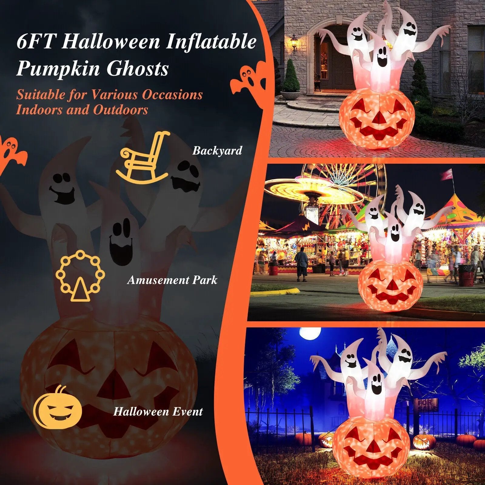 6 Feet Inflatable Halloween Ghosts with Pumpkin Decor and Rotating Lamp by DirectDeals