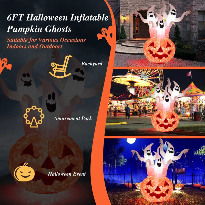 6 Feet Inflatable Halloween Ghosts with Pumpkin Decor and Rotating Lamp by DirectDeals
