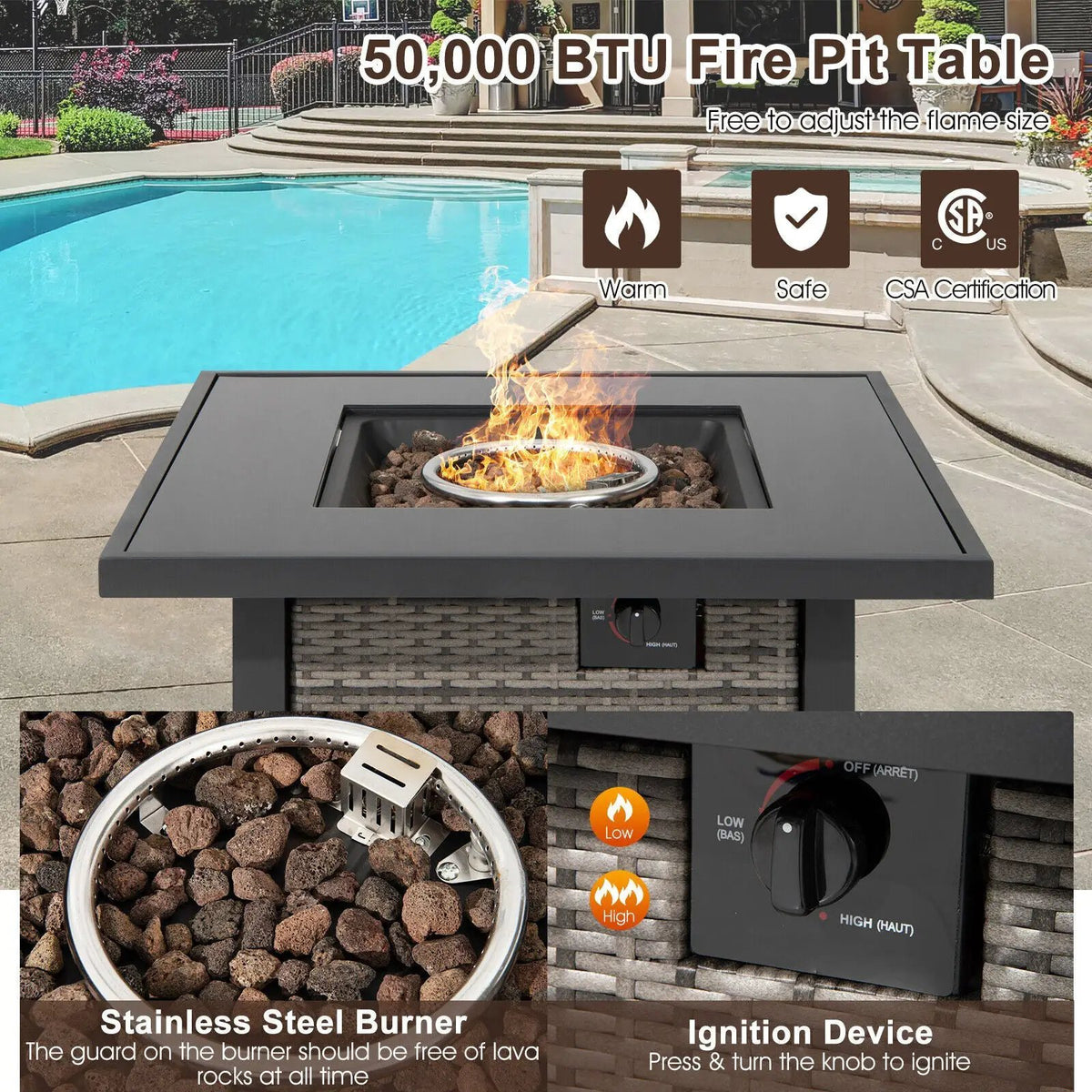32 Inch Square Propane Fire Pit Table with Lava Rocks Cover, photo 3 of 16