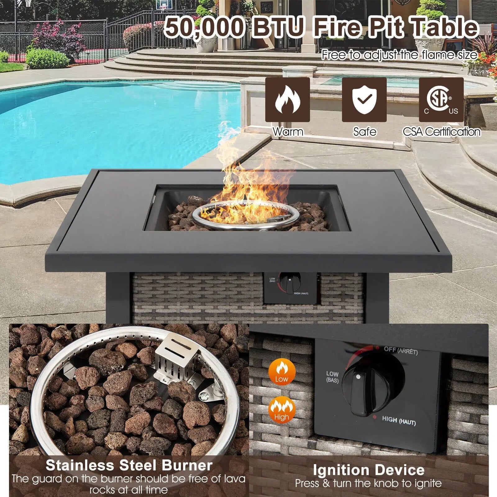 32 Inch Square Propane Fire Pit Table with Lava Rocks Cover by DirectDeals