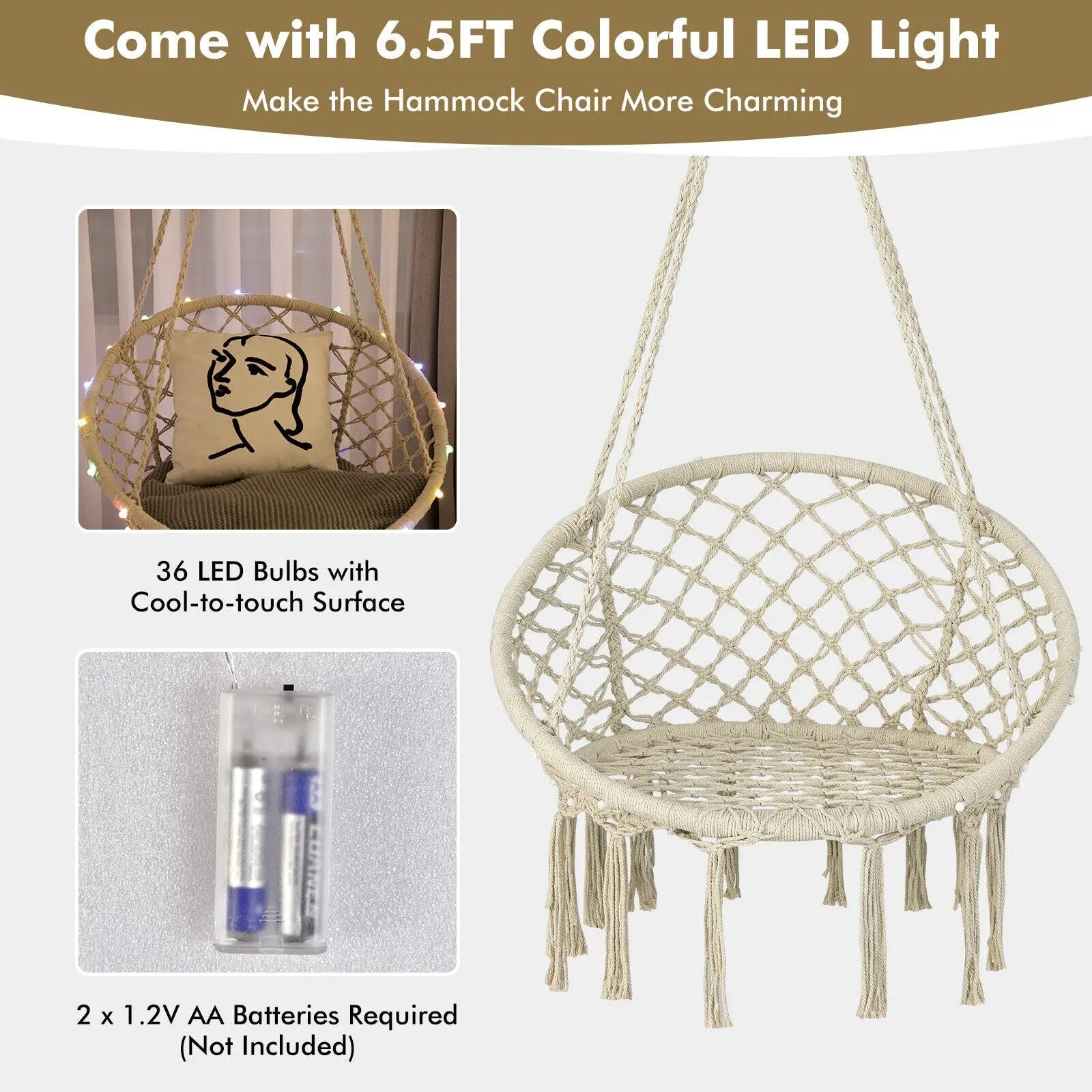 Hammock Chair LED Lights Hanging Swing Indoor Outdoor by DirectDeals