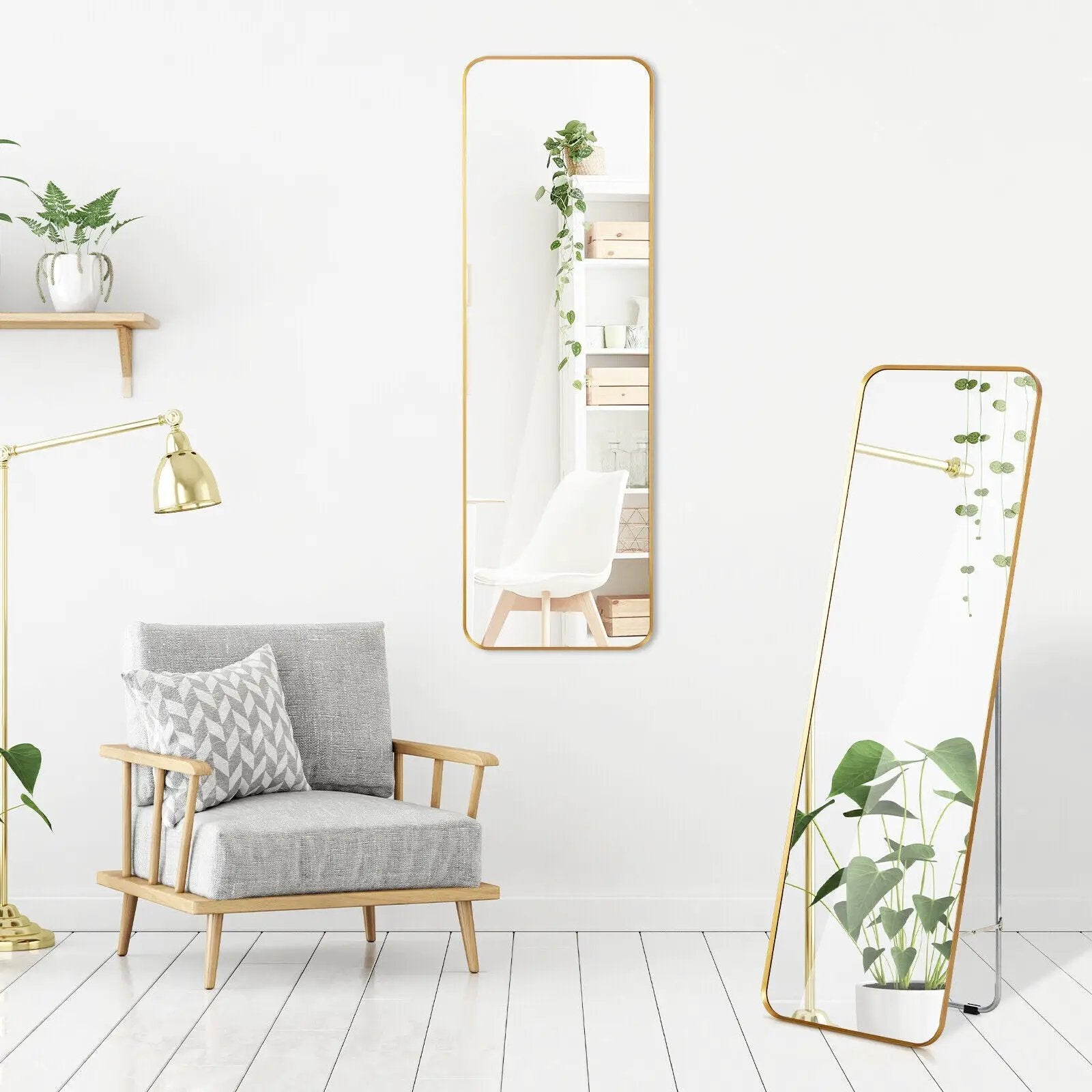 Full Length Wall Mounted Body Mirror with Free Standing Stand-Golden by DirectDeals