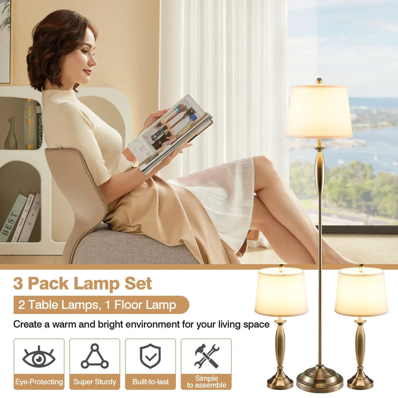 3-Piece Modern Nickel Finish Lamp Set-Silver by DirectDeals