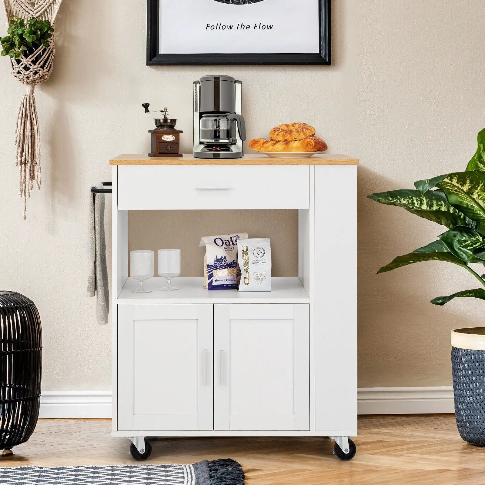 Rolling Kitchen Trolley with 3 Spice Racks Drawer and Open Shelf by DirectDeals