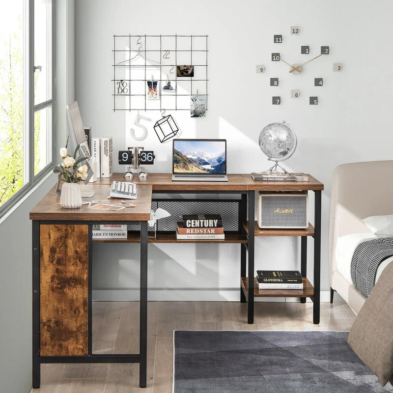 Industrial L-Shaped Corner Computer Desk Office Workstation with Storage Shelves by DirectDeals