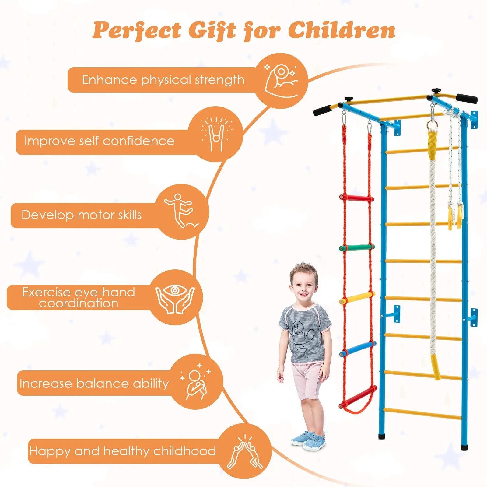 7 In 1 Kids Indoor Gym Playground Swedish Wall Ladder for Solid Wall-Yellow by DirectDeals