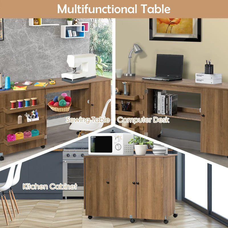 Folding Sewing Table Shelves Storage Cabinet Craft Cart with Wheels by DirectDeals