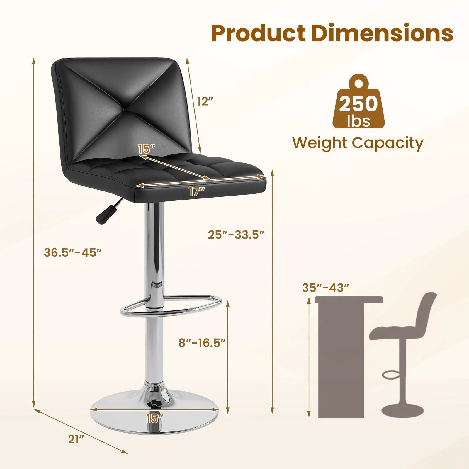PU Leather Upholstered Bar Stools Set of 2 with Back and Adjustable Height by DirectDeals