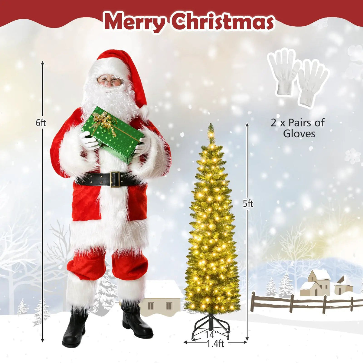 5/6/7/8/9 Feet Pre-lit Pencil Artificial Christmas Tree with 150/180/200//300/400 Warm White LED Lights, photo 21 of 40