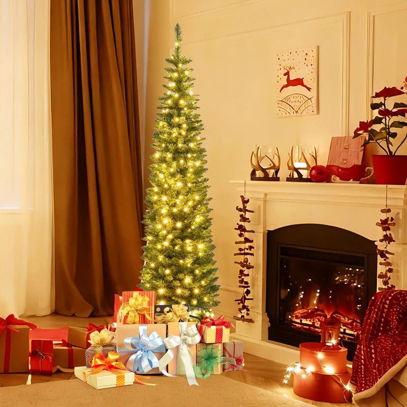 5/6/7/8/9 Feet Pre-lit Pencil Artificial Christmas Tree with 150/180/200//300/400 Warm White LED Lights by DirectDeals