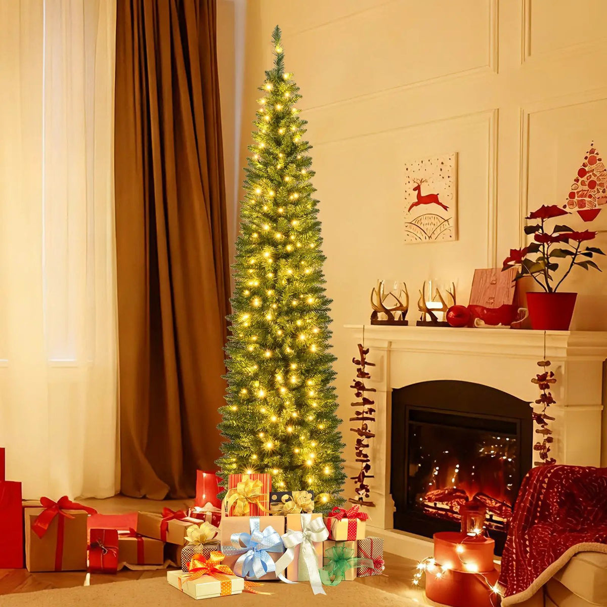 5/6/7/8/9 Feet Pre-lit Pencil Artificial Christmas Tree with 150/180/200//300/400 Warm White LED Lights, photo 2 of 40