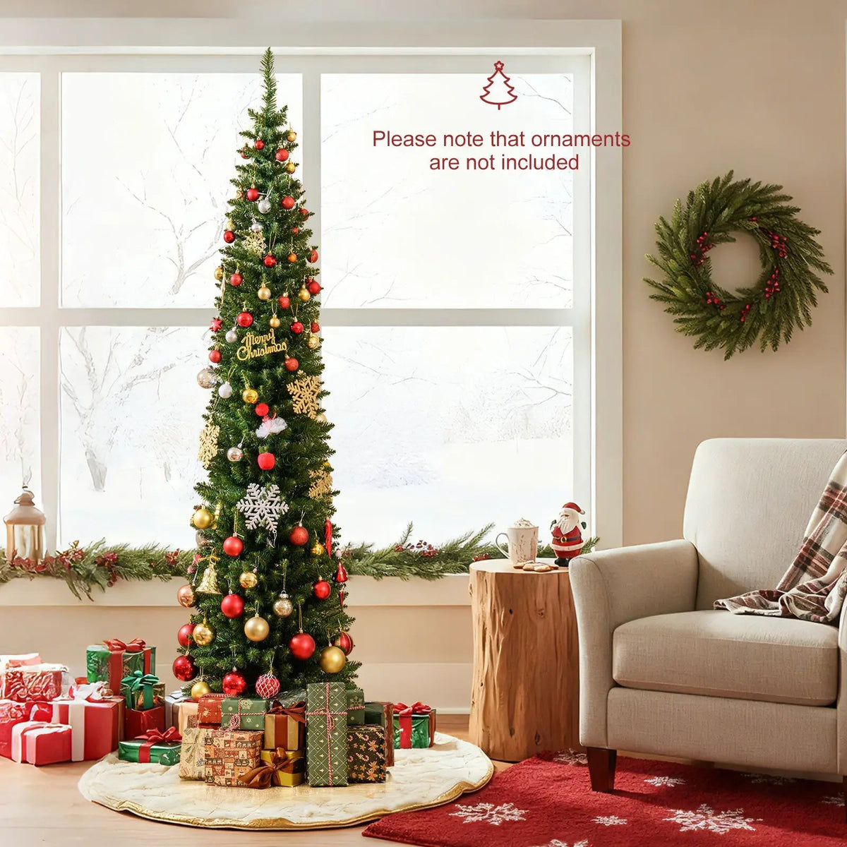 5/6/7/8/9 Feet Pre-lit Pencil Artificial Christmas Tree with 150/180/200//300/400 Warm White LED Lights, photo 10 of 40