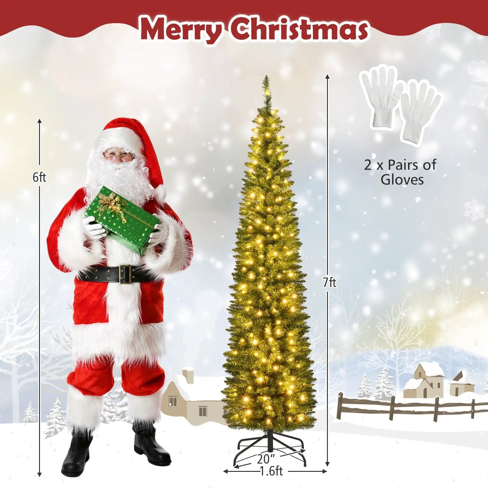 5/6/7/8/9 Feet Pre-lit Pencil Artificial Christmas Tree with 150/180/200//300/400 Warm White LED Lights by DirectDeals