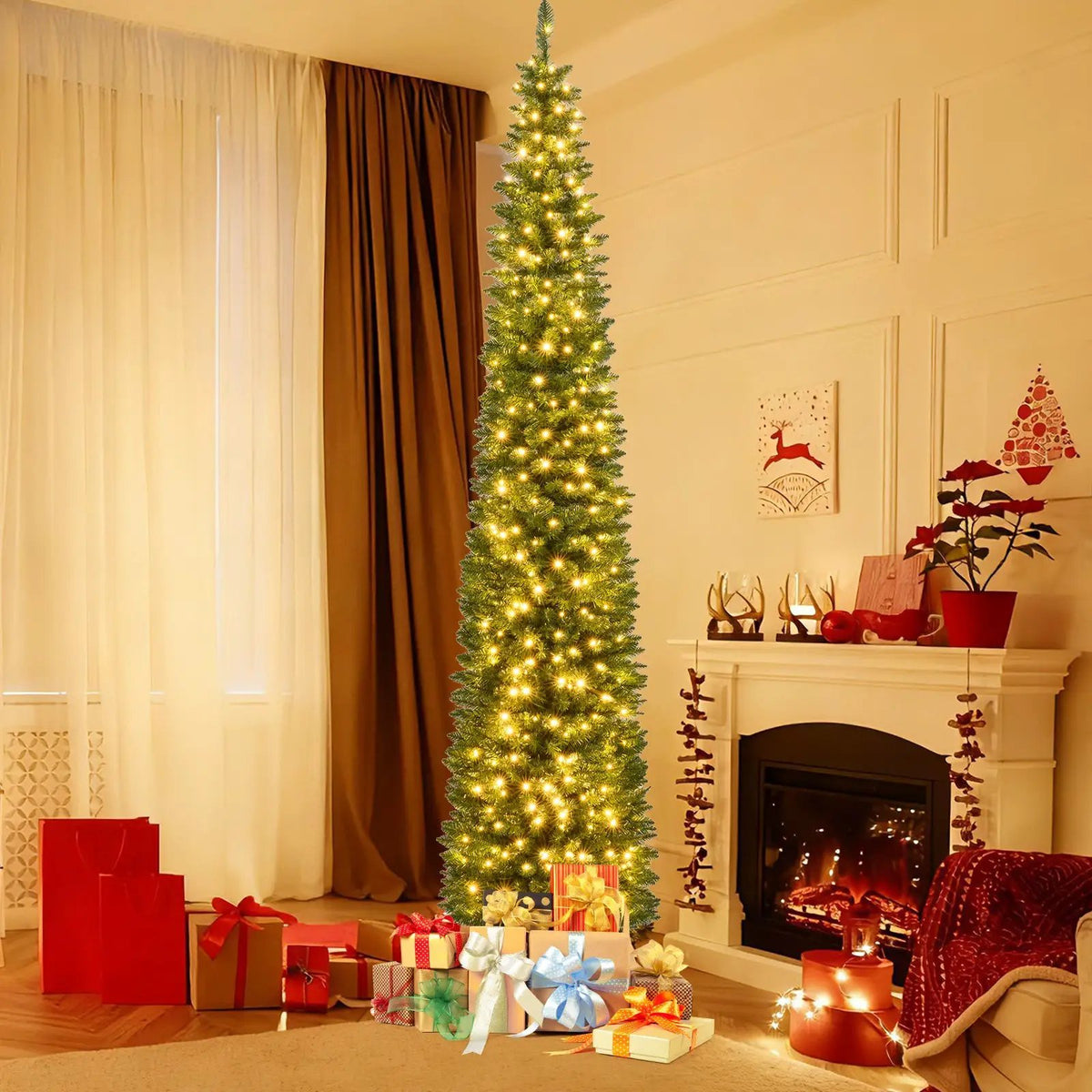 5/6/7/8/9 Feet Pre-lit Pencil Artificial Christmas Tree with 150/180/200//300/400 Warm White LED Lights, photo 3 of 40