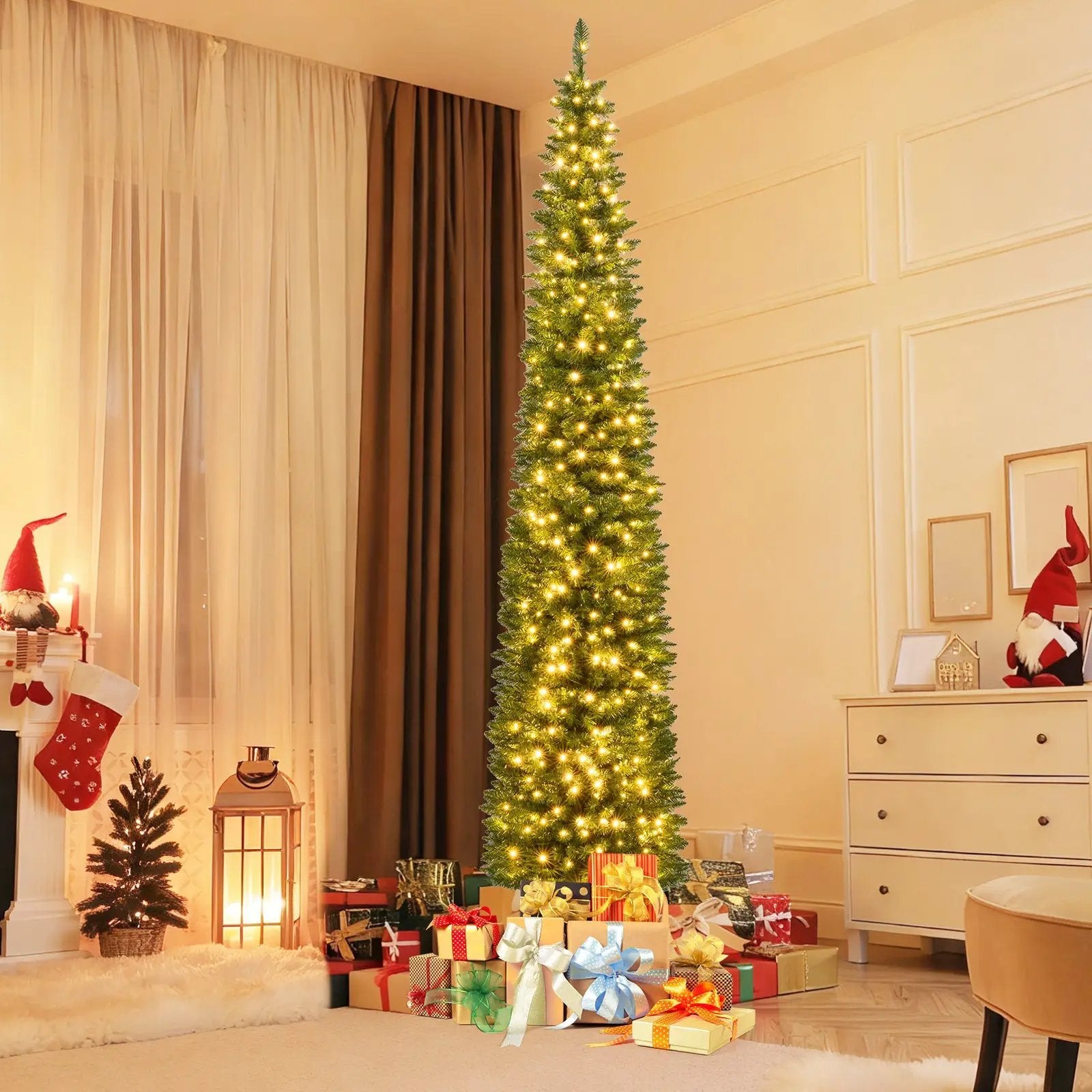 5/6/7/8/9 Feet Pre-lit Pencil Artificial Christmas Tree with 150/180/200//300/400 Warm White LED Lights by DirectDeals