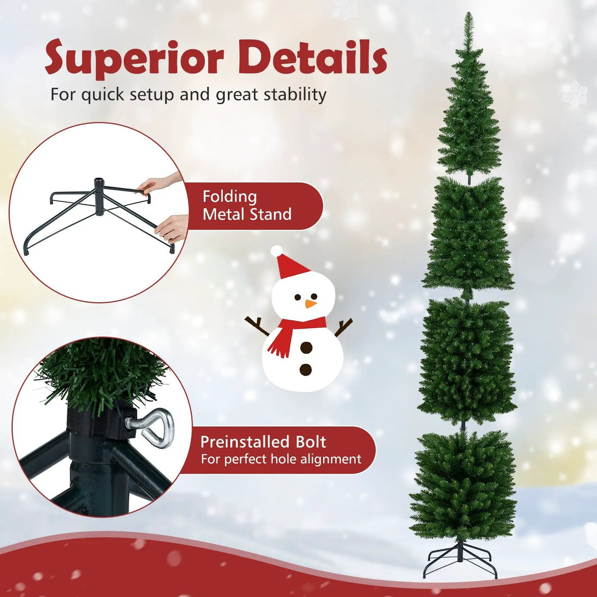 5/6/7/8/9 Feet Pre-lit Pencil Artificial Christmas Tree with 150/180/200//300/400 Warm White LED Lights, photo 36 of 40