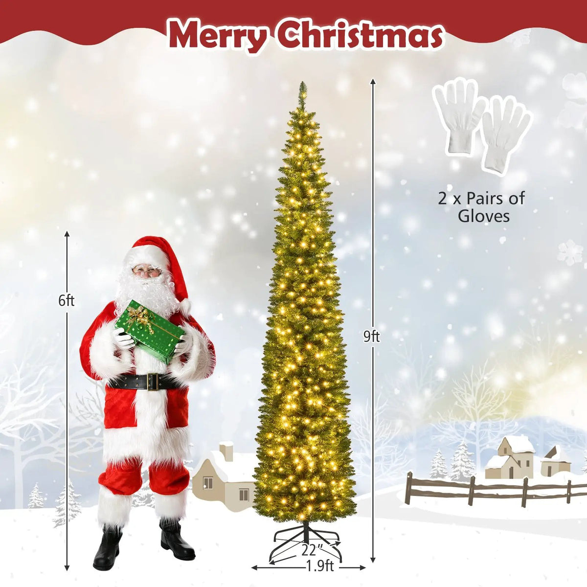 5/6/7/8/9 Feet Pre-lit Pencil Artificial Christmas Tree with 150/180/200//300/400 Warm White LED Lights, photo 22 of 40