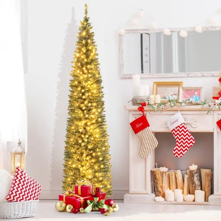 5/6/7/8/9 Feet Pre-lit Pencil Artificial Christmas Tree with 150/180/200//300/400 Warm White LED Lights by DirectDeals