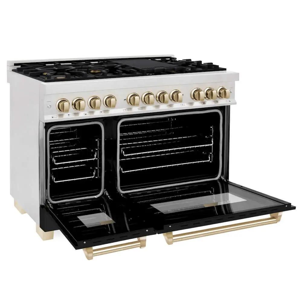 ZLINE 48" Autograph, Dual Fuel Range, Black Door, Bronze, RASZ-BLM-48-CB by Farmhouse Kitchen and Bath