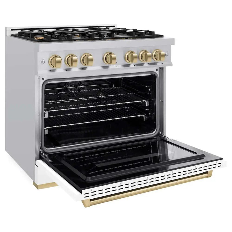 ZLINE 36" Dual Fuel Range, Gas Cooktop, Electric Convection Oven Stainless Steel, Matte White Door Champagne Bronze CDRZ-WM-36-CB by Farmhouse Kitchen and Bath