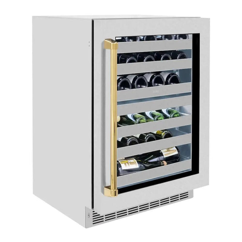 ZLINE 24" Touchstone Dual Zone 44 Bottle Wine Cooler DuraSnow® Stainless Steel Glass Door Polished Gold Handle RWDOZ-SN-24-G by Farmhouse Kitchen and Bath