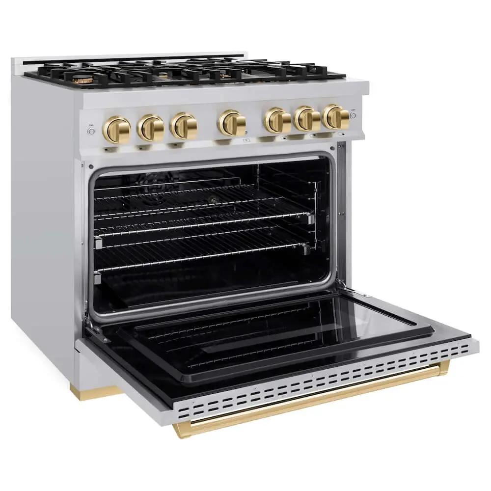 ZLINE 36" Classic Gas Range, Convection Gas Oven Stainless Steel, Gold CGRZ-36-G by Farmhouse Kitchen and Bath