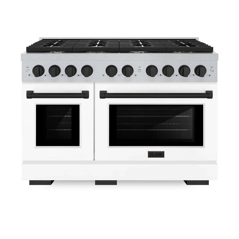 ZLINE 48"Paramount Dual Fuel Range DuraSnow® White Matte, Matte Black SDRSZ-WM-48-MB by Farmhouse Kitchen and Bath