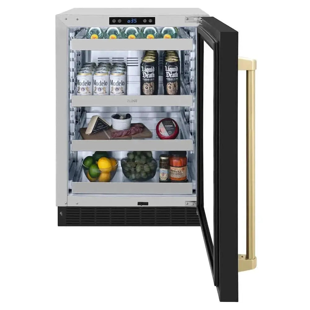 ZLINE 24" Touchstone 151 Can Beverage Fridge Black Matte Glass Door Champagne Bronze Handle RBSOZ-BLM-24-CB by Farmhouse Kitchen and Bath