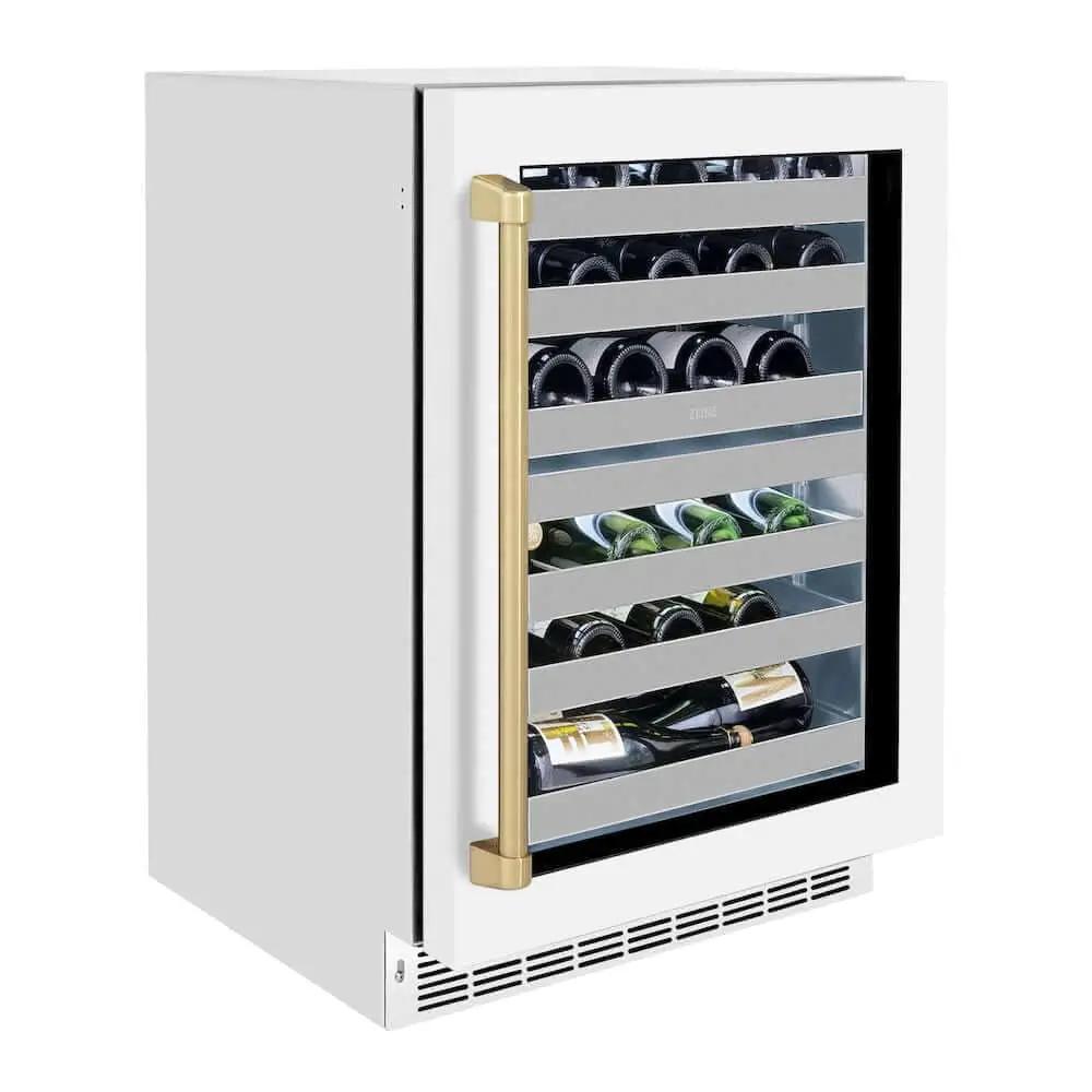 ZLINE 24" Touchstone Dual Zone 44 Bottle Wine Cooler White Matte Glass Door Champagne Bronze Handle RWDOZ-WM-24-CB by Farmhouse Kitchen and Bath