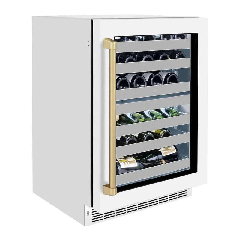 ZLINE 24" Touchstone Dual Zone 44 Bottle Wine Cooler White Matte Glass Door Champagne Bronze Handle RWDOZ-WM-24-CB by Farmhouse Kitchen and Bath