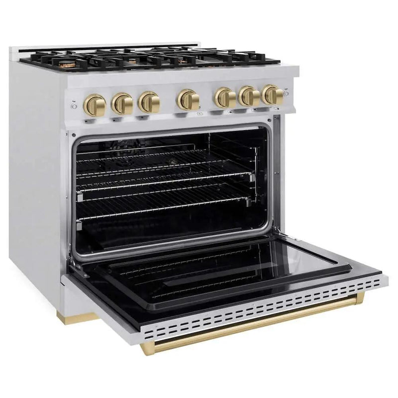 ZLINE 36" Dual Fuel Range, Gas Cooktop, Electric Convection Oven DuraSnow® Stainless Steel, Champagne Bronze CDRSZ-36-CB by Farmhouse Kitchen and Bath