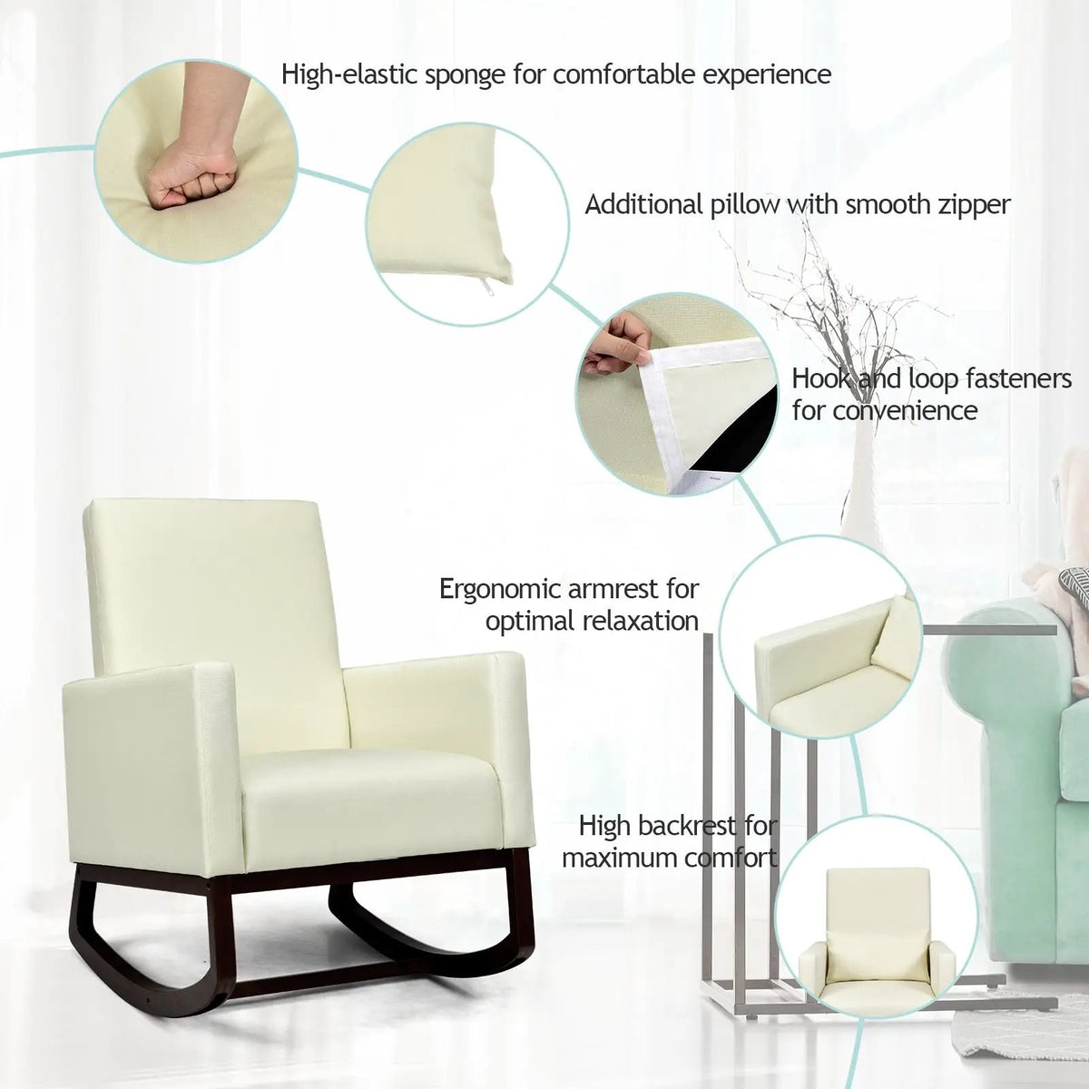 2-in-1 Fabric Upholstered Rocking Chair with Pillow, photo 7 of 9