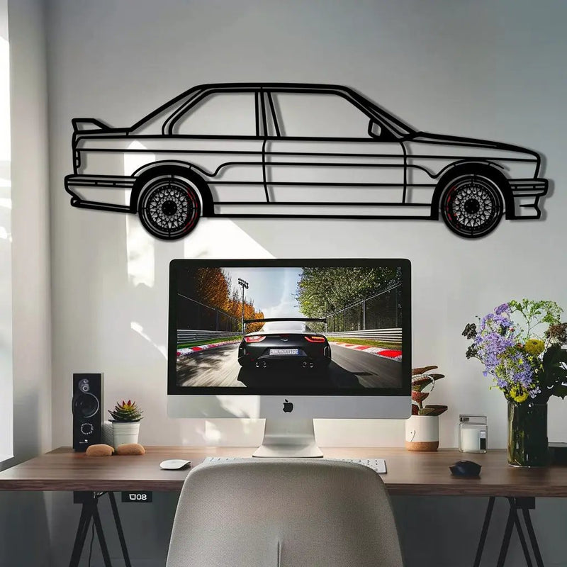 BMW E30 M3 Metal Car Wall Art with Rotating Wheels - Classic M Power Silhouette Decor - Interactive Automotive Wall Art - KAFMEKA100 by Enova Art