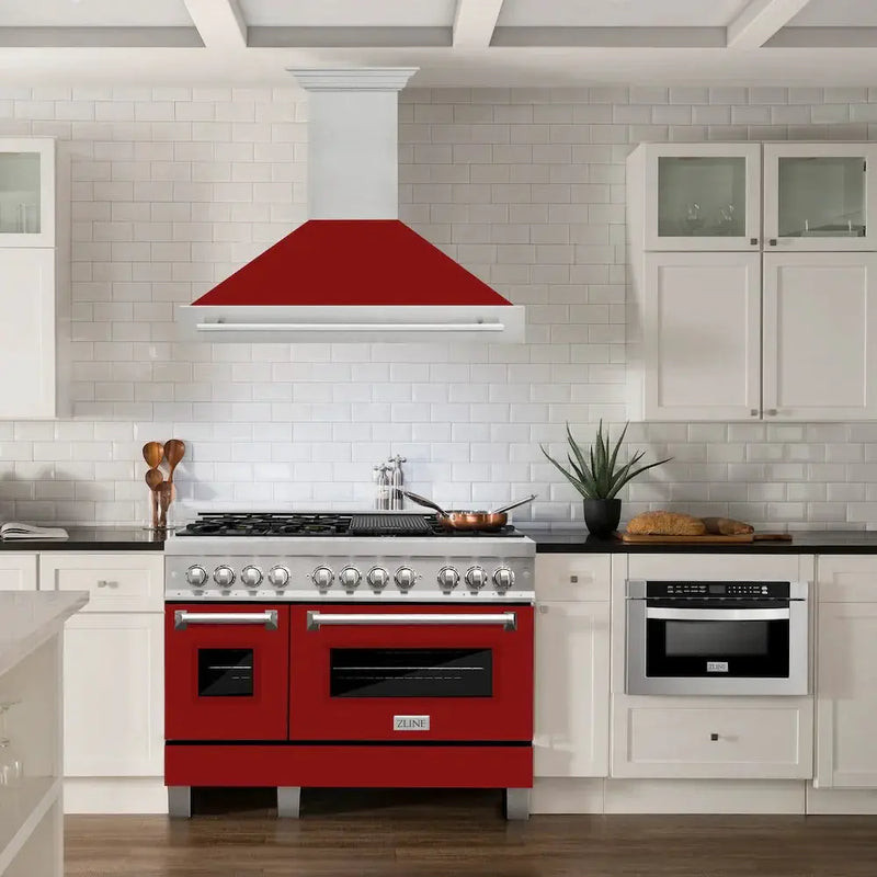 ZLINE 48" Autograph DuraSnow Stainless Red Wall Range Hood 8654SNX-RG-48 by Farmhouse Kitchen and Bath