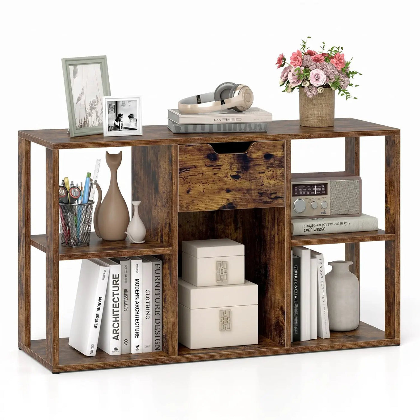 5-Cube Bookcase with Storage Drawer - Rustic Brown by DirectDeals