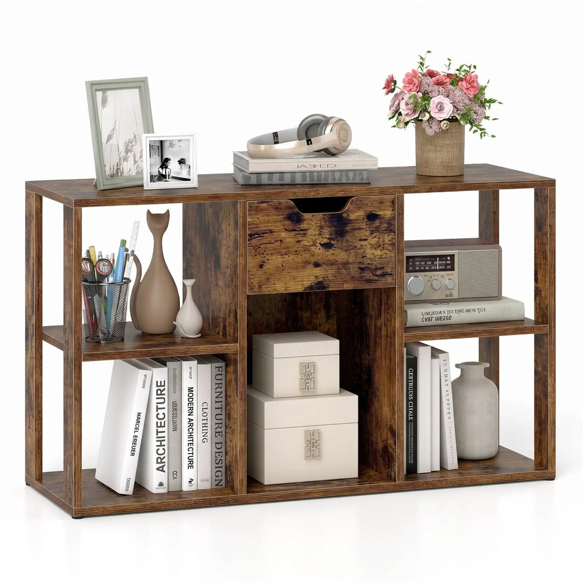 5-Cube Bookcase with Storage Drawer - Rustic Brown by DirectDeals