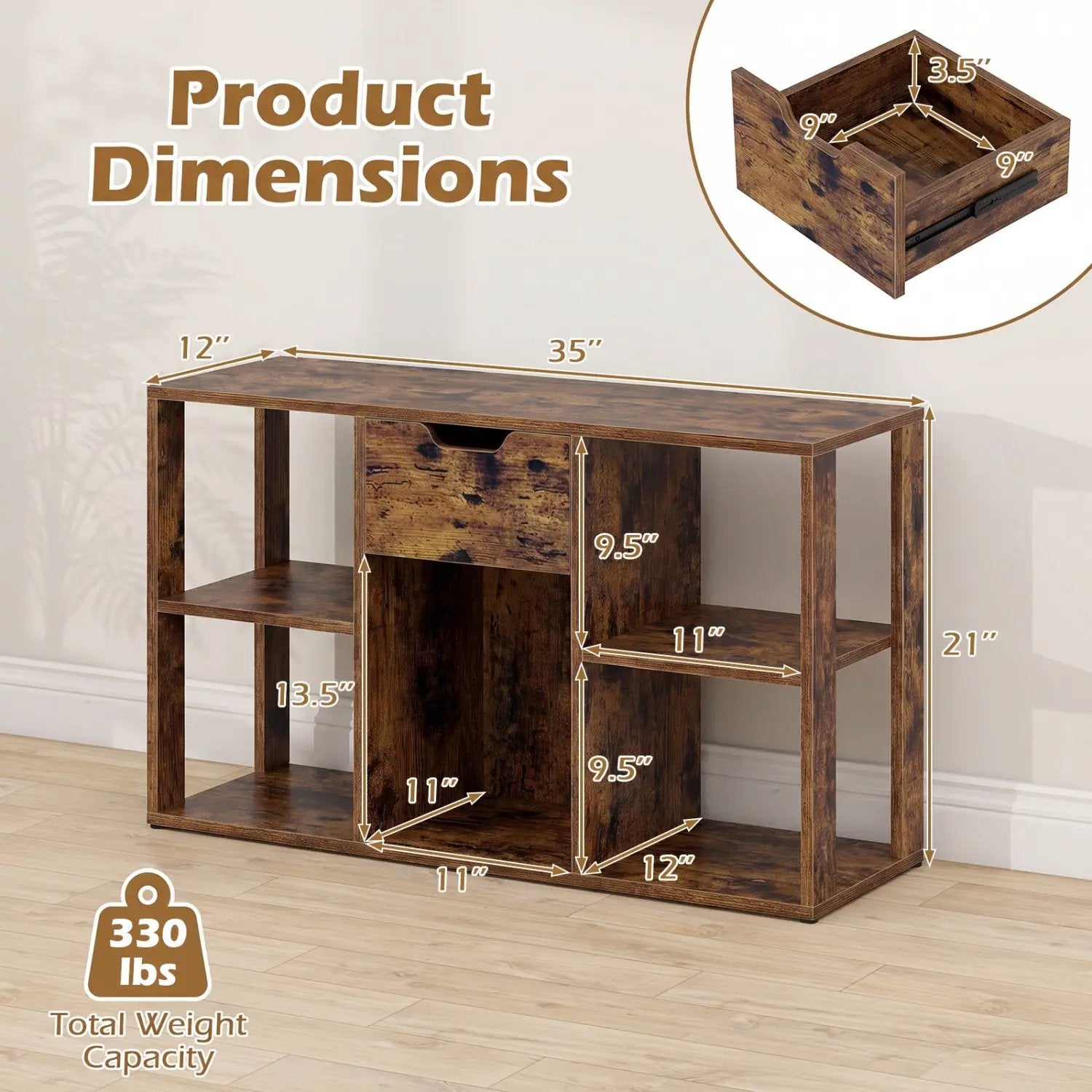5-Cube Bookcase with Storage Drawer - Rustic Brown by DirectDeals