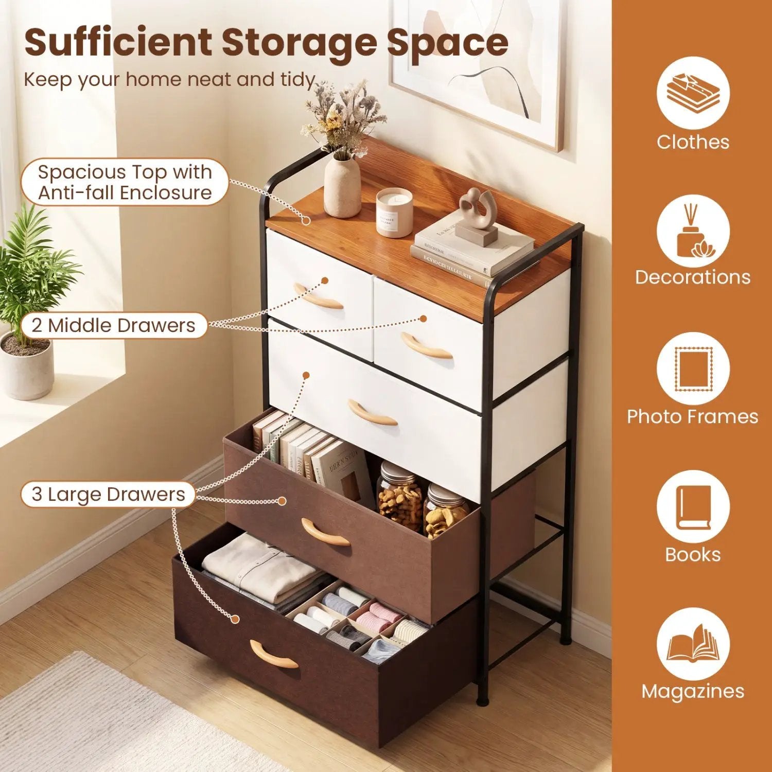 5-Drawer Fabric Dresser with Removable Bins by DirectDeals