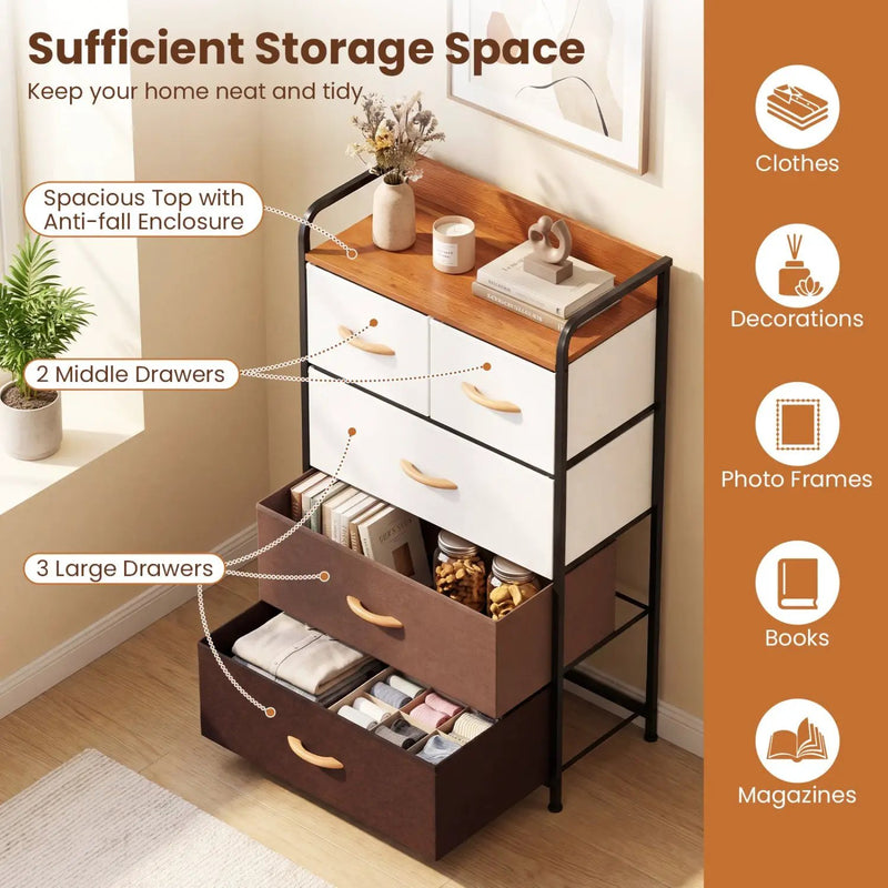 5-Drawer Fabric Dresser with Removable Bins by DirectDeals