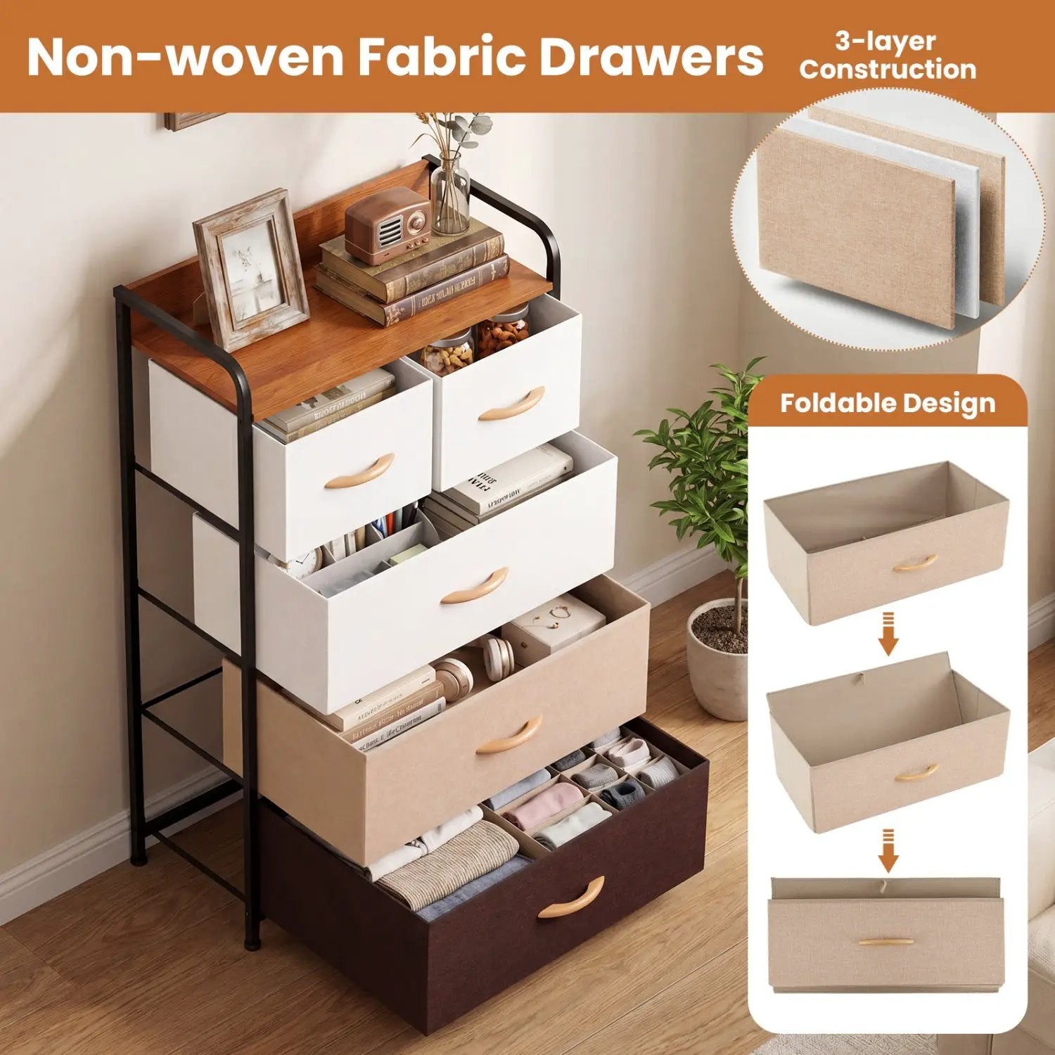 5-Drawer Fabric Dresser with Removable Bins by DirectDeals